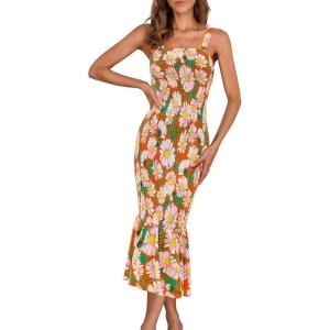 imagePRETTYGARDEN Womens Summer Floral Midi Tank Dress Sleeveless Strappy Ruffle Hem Smocked Bodycon DressesOrange Floral