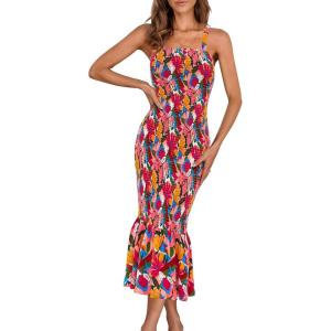 imagePRETTYGARDEN Womens Summer Floral Midi Tank Dress Sleeveless Strappy Ruffle Hem Smocked Bodycon DressesPink Blue Floral