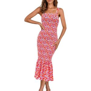 imagePRETTYGARDEN Womens Summer Floral Midi Tank Dress Sleeveless Strappy Ruffle Hem Smocked Bodycon DressesPink Floral