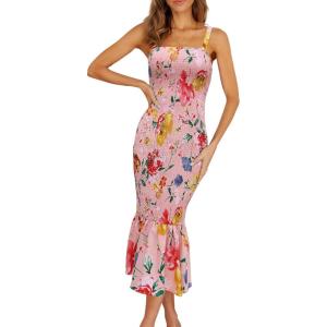 imagePRETTYGARDEN Womens Summer Floral Midi Tank Dress Sleeveless Strappy Ruffle Hem Smocked Bodycon DressesPink Red Big Floral