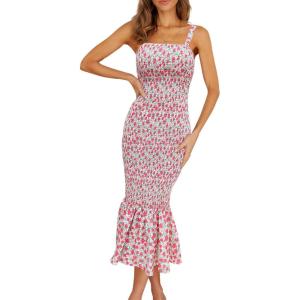 imagePRETTYGARDEN Womens Summer Floral Midi Tank Dress Sleeveless Strappy Ruffle Hem Smocked Bodycon DressesPink Red Floral