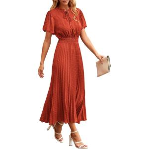 imagePRETTYGARDEN Womens Summer Midi Dresses Puff Short Sleeve V Neck Swiss Dot Pleated A Line Flowy Long Wedding Guest DressBrick Red