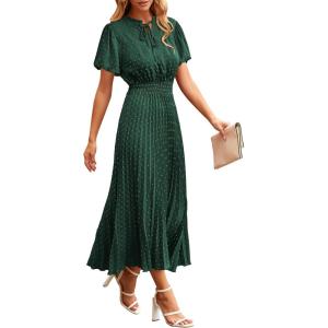 imagePRETTYGARDEN Womens Summer Midi Dresses Puff Short Sleeve V Neck Swiss Dot Pleated A Line Flowy Long Wedding Guest DressDark Green