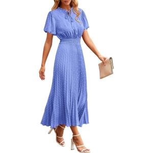 imagePRETTYGARDEN Womens Summer Midi Dresses Puff Short Sleeve V Neck Swiss Dot Pleated A Line Flowy Long Wedding Guest DressLight Blue