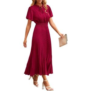 imagePRETTYGARDEN Womens Summer Midi Dresses Puff Short Sleeve V Neck Swiss Dot Pleated A Line Flowy Long Wedding Guest DressWine Red