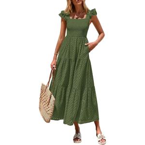 imagePRETTYGARDEN Womens Summer Square Neck Maxi Dresses Cap Sleeve Eyelet Smocked Tiered A Line Flowy Long Dress with PocketsArmy Green