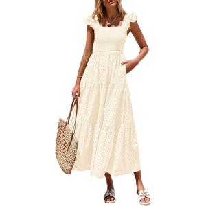 imagePRETTYGARDEN Womens Summer Square Neck Maxi Dresses Cap Sleeve Eyelet Smocked Tiered A Line Flowy Long Dress with PocketsBeige
