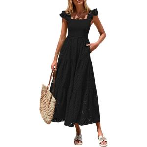 imagePRETTYGARDEN Womens Summer Square Neck Maxi Dresses Cap Sleeve Eyelet Smocked Tiered A Line Flowy Long Dress with PocketsBlack