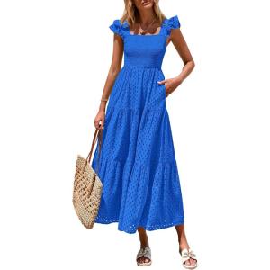 imagePRETTYGARDEN Womens Summer Square Neck Maxi Dresses Cap Sleeve Eyelet Smocked Tiered A Line Flowy Long Dress with PocketsBlue