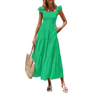 imagePRETTYGARDEN Womens Summer Square Neck Maxi Dresses Cap Sleeve Eyelet Smocked Tiered A Line Flowy Long Dress with PocketsGreen