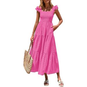 imagePRETTYGARDEN Womens Summer Square Neck Maxi Dresses Cap Sleeve Eyelet Smocked Tiered A Line Flowy Long Dress with PocketsHot Pink
