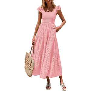 imagePRETTYGARDEN Womens Summer Square Neck Maxi Dresses Cap Sleeve Eyelet Smocked Tiered A Line Flowy Long Dress with PocketsLight Pink