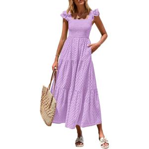 imagePRETTYGARDEN Womens Summer Square Neck Maxi Dresses Cap Sleeve Eyelet Smocked Tiered A Line Flowy Long Dress with PocketsLight Purple