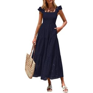 imagePRETTYGARDEN Womens Summer Square Neck Maxi Dresses Cap Sleeve Eyelet Smocked Tiered A Line Flowy Long Dress with PocketsNavy