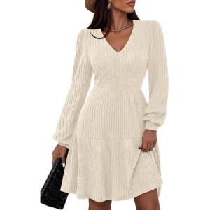 imagePRETTYGARDEN Womens Sweater Dress 2025 Fall Long Sleeve V Neck A Line Fit and Flare Ribbed Short Dresses Knit Outfits PocketsBeige