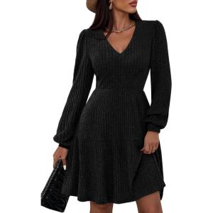 imagePRETTYGARDEN Womens Sweater Dress 2025 Fall Long Sleeve V Neck A Line Fit and Flare Ribbed Short Dresses Knit Outfits PocketsBlack