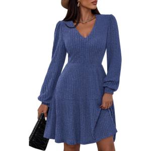 imagePRETTYGARDEN Womens Sweater Dress 2025 Fall Long Sleeve V Neck A Line Fit and Flare Ribbed Short Dresses Knit Outfits PocketsBlue