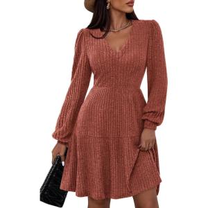 imagePRETTYGARDEN Womens Sweater Dress 2025 Fall Long Sleeve V Neck A Line Fit and Flare Ribbed Short Dresses Knit Outfits PocketsCaramel