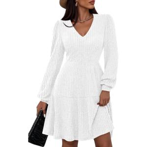 imagePRETTYGARDEN Womens Sweater Dress 2025 Fall Long Sleeve V Neck A Line Fit and Flare Ribbed Short Dresses Knit Outfits PocketsWhite