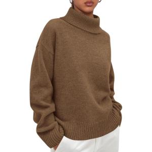 imagePRETTYGARDEN Womens Turtleneck Long Sleeve Sweater 2025 Fall Trendy Loose Fit Casual Tops Chunky Knit Pullover SweatersLight Brown