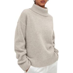 imagePRETTYGARDEN Womens Turtleneck Long Sleeve Sweater 2025 Fall Trendy Loose Fit Casual Tops Chunky Knit Pullover SweatersLight Grey