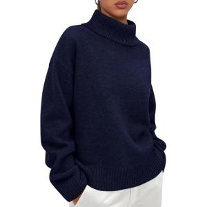 imagePRETTYGARDEN Womens Turtleneck Long Sleeve Sweater 2025 Fall Trendy Loose Fit Casual Tops Chunky Knit Pullover SweatersNavy Blue