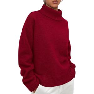 imagePRETTYGARDEN Womens Turtleneck Long Sleeve Sweater 2025 Fall Trendy Loose Fit Casual Tops Chunky Knit Pullover SweatersRed