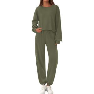 imagePRETTYGARDEN Womens Two Piece Lounge Sets 2025 Fall Airport Outfits Long Sleeve Pullover Tops Sweatpants Matching ClothingArmy Green