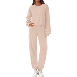 imagePRETTYGARDEN Womens Two Piece Lounge Sets 2025 Fall Airport Outfits Long Sleeve Pullover Tops Sweatpants Matching ClothingBeige