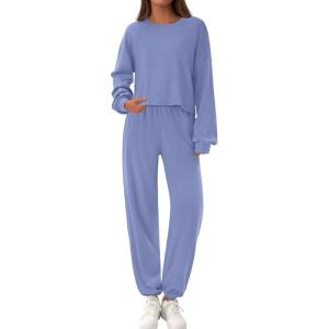 imagePRETTYGARDEN Womens Two Piece Lounge Sets 2025 Fall Airport Outfits Long Sleeve Pullover Tops Sweatpants Matching ClothingBlue