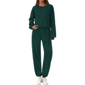 imagePRETTYGARDEN Womens Two Piece Lounge Sets 2025 Fall Airport Outfits Long Sleeve Pullover Tops Sweatpants Matching ClothingDark Green