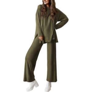 imagePRETTYGARDEN Womens Two Piece Lounge Sets Matching Long Sleeve Shirts Wide Leg Pants Tracksuits Travel Outfits Fall ClothesArmy Green