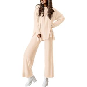 imagePRETTYGARDEN Womens Two Piece Lounge Sets Matching Long Sleeve Shirts Wide Leg Pants Tracksuits Travel Outfits Fall ClothesBeige