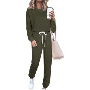 imagePRETTYGARDEN Womens Two Piece Loungewear Fall Casual Long Sleeve Tops Jogger Pants Pajama Sets Matching Outfits ClothingSolid Army Green