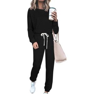 imagePRETTYGARDEN Womens Two Piece Loungewear Fall Casual Long Sleeve Tops Jogger Pants Pajama Sets Matching Outfits ClothingSolid Black