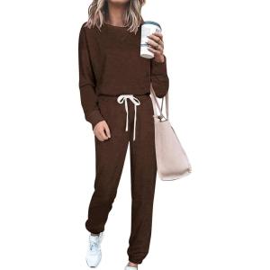 imagePRETTYGARDEN Womens Two Piece Loungewear Fall Casual Long Sleeve Tops Jogger Pants Pajama Sets Matching Outfits ClothingSolid Coffee