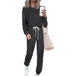 imagePRETTYGARDEN Womens Two Piece Loungewear Fall Casual Long Sleeve Tops Jogger Pants Pajama Sets Matching Outfits ClothingSolid Dark Grey
