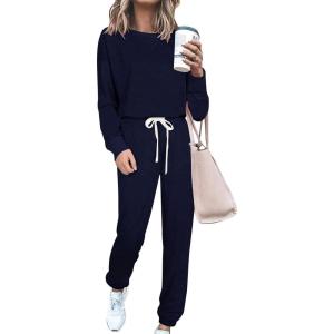 imagePRETTYGARDEN Womens Two Piece Loungewear Fall Casual Long Sleeve Tops Jogger Pants Pajama Sets Matching Outfits ClothingSolid Navy