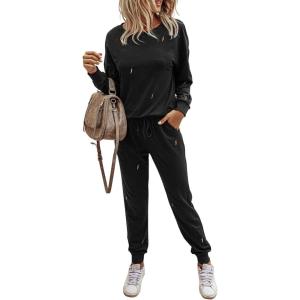 imagePRETTYGARDEN Womens Two Piece Loungewear Fall Casual Long Sleeve Tops Jogger Pants Pajama Sets Matching Outfits ClothingSolidblack
