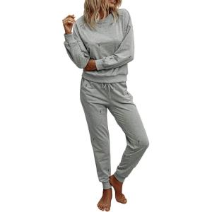 imagePRETTYGARDEN Womens Two Piece Loungewear Fall Casual Long Sleeve Tops Jogger Pants Pajama Sets Matching Outfits ClothingSolidgrey