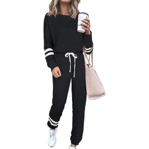 imagePRETTYGARDEN Womens Two Piece Loungewear Fall Casual Long Sleeve Tops Jogger Pants Pajama Sets Matching Outfits ClothingStriped Black