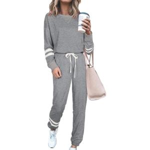 imagePRETTYGARDEN Womens Two Piece Loungewear Fall Casual Long Sleeve Tops Jogger Pants Pajama Sets Matching Outfits ClothingStriped Grey