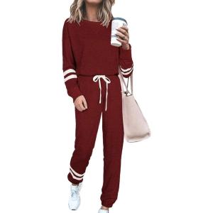 imagePRETTYGARDEN Womens Two Piece Loungewear Fall Casual Long Sleeve Tops Jogger Pants Pajama Sets Matching Outfits ClothingStriped Wine Red