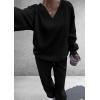 imagePRETTYGARDEN Casual Winter Two Piece Sets for Women 2025 V Neck Sweatshirt Loose Wide Leg Pants Tracksuit Knit Fall OutfitsBlack