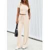 imagePRETTYGARDEN Womens 2 Piece Outfits Summer 2025 Ribbed Knit Button Short Sleeve Tops Casual Wide Leg Pants Lounge SetsBeige