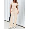 imagePRETTYGARDEN Womens 2 Piece Outfits Summer 2025 Ribbed Knit Button Short Sleeve Tops Casual Wide Leg Pants Lounge SetsBeige