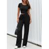 imagePRETTYGARDEN Womens 2 Piece Outfits Summer 2025 Ribbed Knit Button Short Sleeve Tops Casual Wide Leg Pants Lounge SetsBlack
