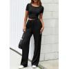imagePRETTYGARDEN Womens 2 Piece Outfits Summer 2025 Ribbed Knit Button Short Sleeve Tops Casual Wide Leg Pants Lounge SetsBlack