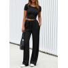 imagePRETTYGARDEN Womens 2 Piece Outfits Summer 2025 Ribbed Knit Button Short Sleeve Tops Casual Wide Leg Pants Lounge SetsBlack