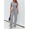 imagePRETTYGARDEN Womens 2 Piece Outfits Summer 2025 Ribbed Knit Button Short Sleeve Tops Casual Wide Leg Pants Lounge SetsGrey